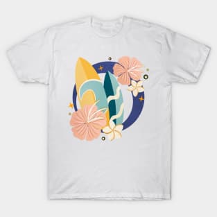 Blue and yellow surfboards and tropical flowers T-Shirt